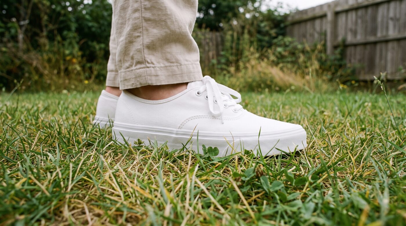 Zapatillas con suela de goma sobre el pasto: la suela aísla el cuerpo de los electrones de la Tierra
